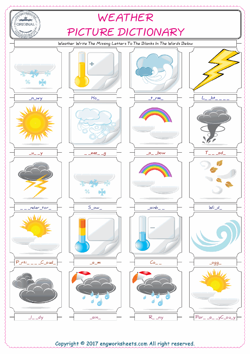  Weather Words English worksheets For kids, the ESL Worksheet for finding and typing the missing letters of Weather Words 